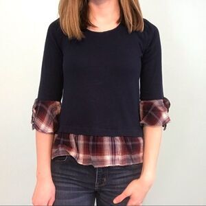 Westport Navy Blue & Plaid Top w/ Bell Sleeve Size XS